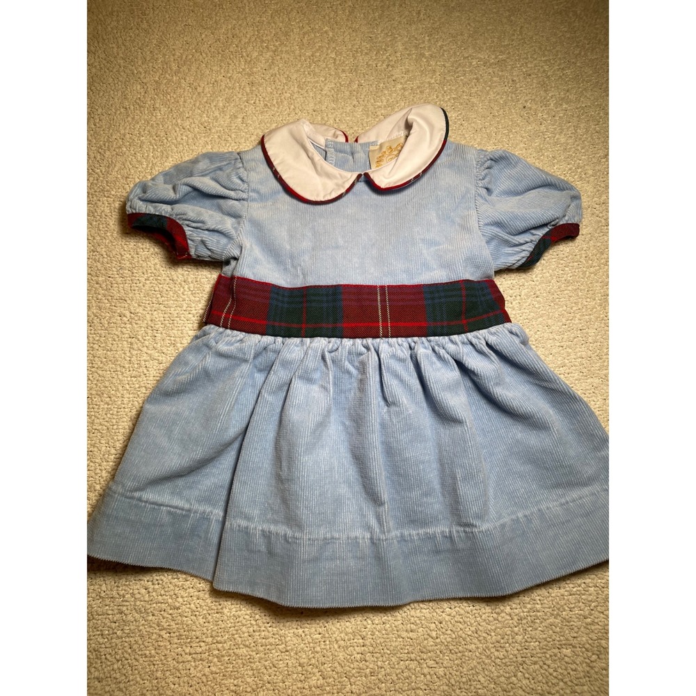 The Beaufort Bonnet Company Blue Corduroy Plaid Sash Dress 6/12M Holiday Kids